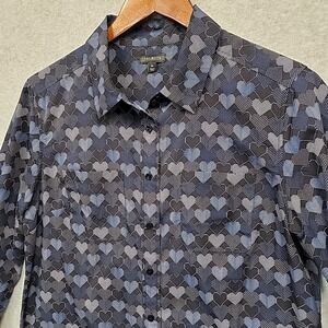 TALBOTS Heart Print Button Up Shirt Long Sleeve Blue And Black Women's Size M